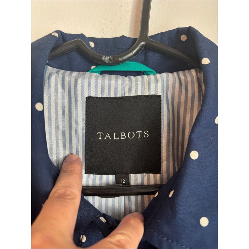 Talbots DOT-PRINT COTTON MAC Navy White Polka Dot Coat trench Womens 12 EUC cute - Picture 9 of 14